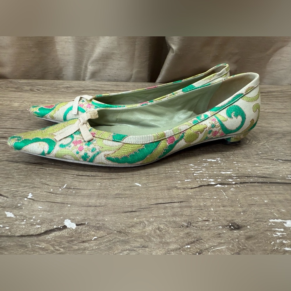 Vtg Prada SS2003 Green‎ Brocade Flat Shoes 37.5 - Picture 8 of 11